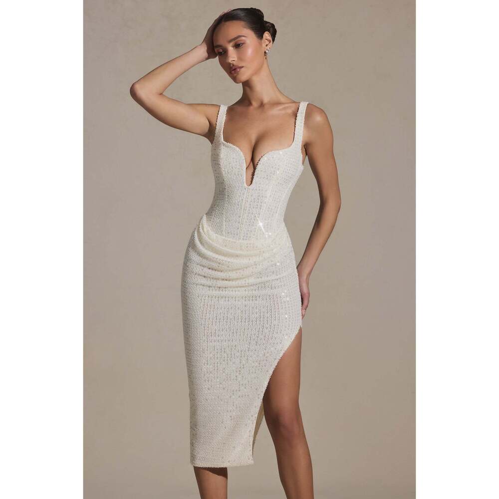Oh Polly Embellished Draped Midaxi Dress in White 4